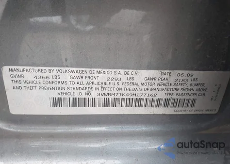 2009 Volkswagen Jetta Se из США, поврежденный, VIN 3VWRM71K49M177162